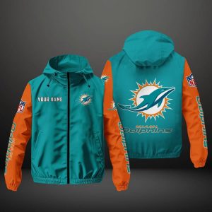 Miami Dolphins NFL Hooded Windbreaker Jacket | Custom Name Lightweight Fan Outerwear