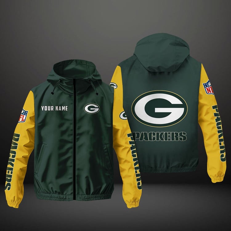 Green Bay Packers NFL Hooded Windbreaker Jacket | Custom Name Lightweight Fan Outerwear